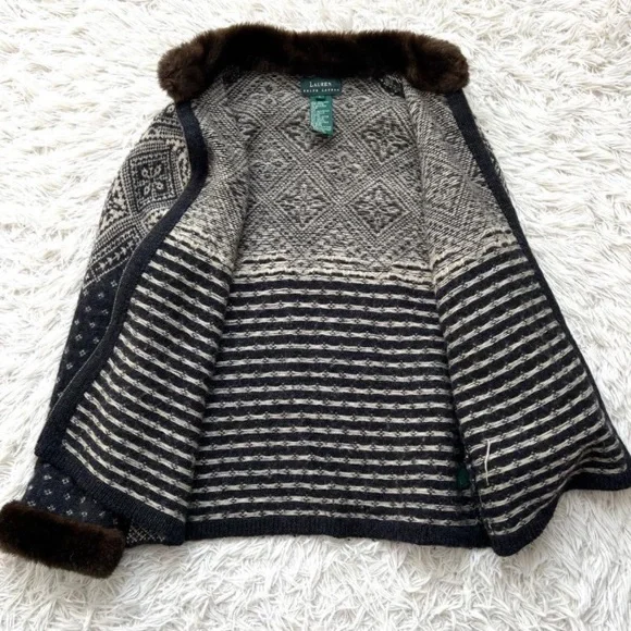 Ralph Lauren Navy and Cream Fair Isle Zip Jacket with Faux Fur Trim - Picture 15 of 16